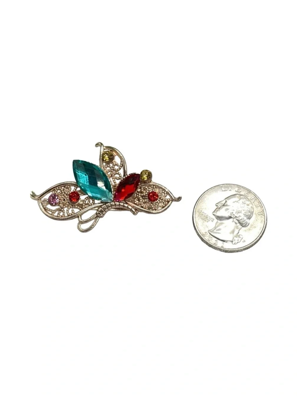 Gold-Tone Butterfly Hair Clip with Teal and Red Crystals FINAL PRICE DROP